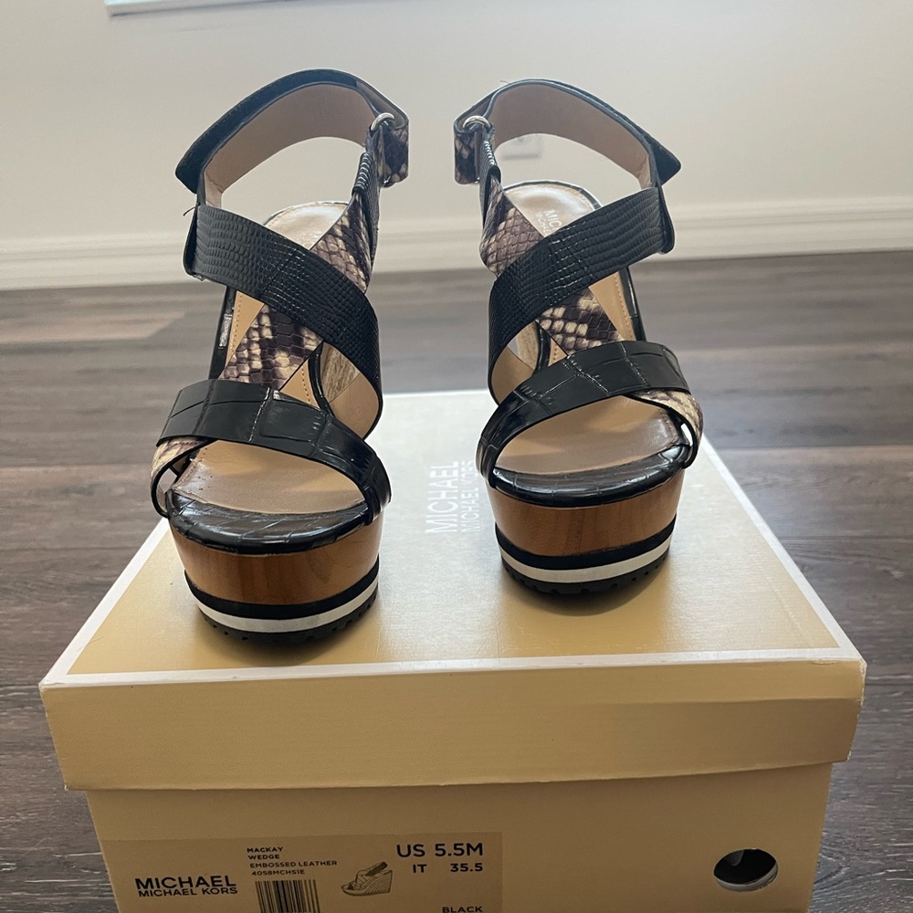 Michael Kors Black and Brown Strappy Platform Sandals